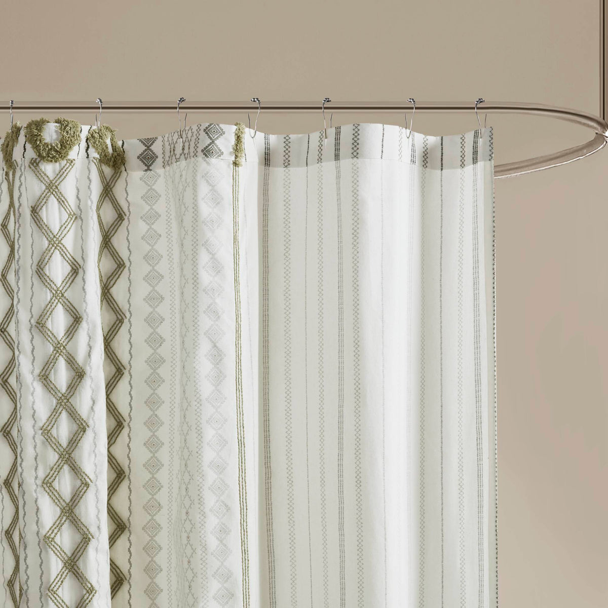 Imani Cotton Printed Shower Curtain with Chenille - Sage