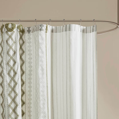 Imani Cotton Printed Shower Curtain with Chenille - Sage