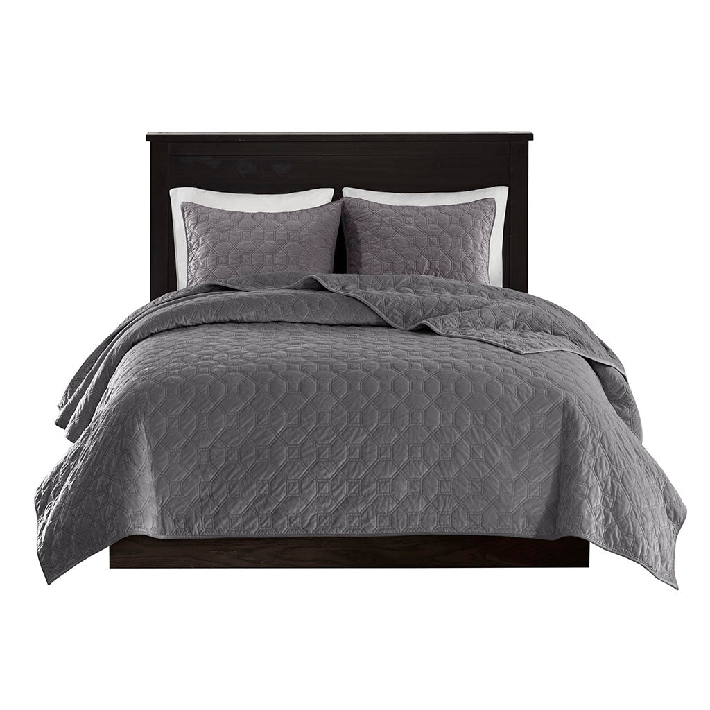 Harper 3 Piece Velvet Quilt Set - Grey