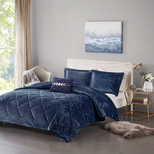 Felicia Velvet Comforter Set with Throw Pillow - Navy
