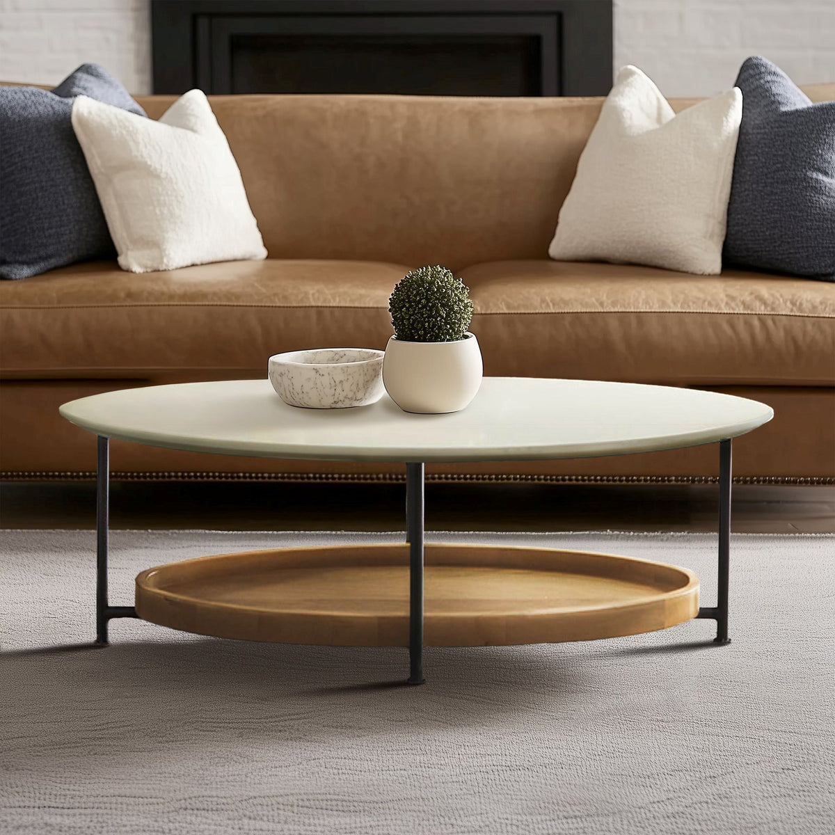 Beaumont 2-Tier Oval Coffee Table with Wood Storage Shelf - White/Natural