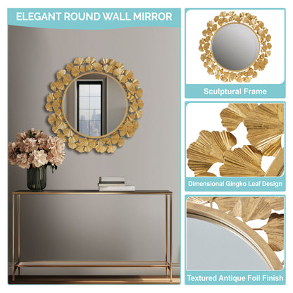 Eden Gingko Leaf Round Wall Mirror 30.5” - Gold