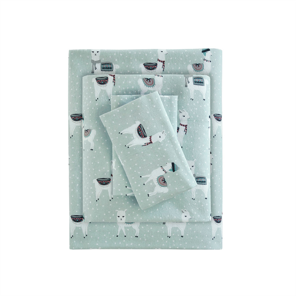 Cozy Cotton Flannel Printed Sheet Set - Seafoam Llama