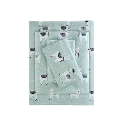 Cozy Cotton Flannel Printed Sheet Set - Seafoam Llama
