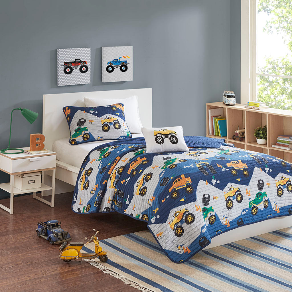 Nash Monster Truck Reversible Quilt Set with Throw Pillow - Blue