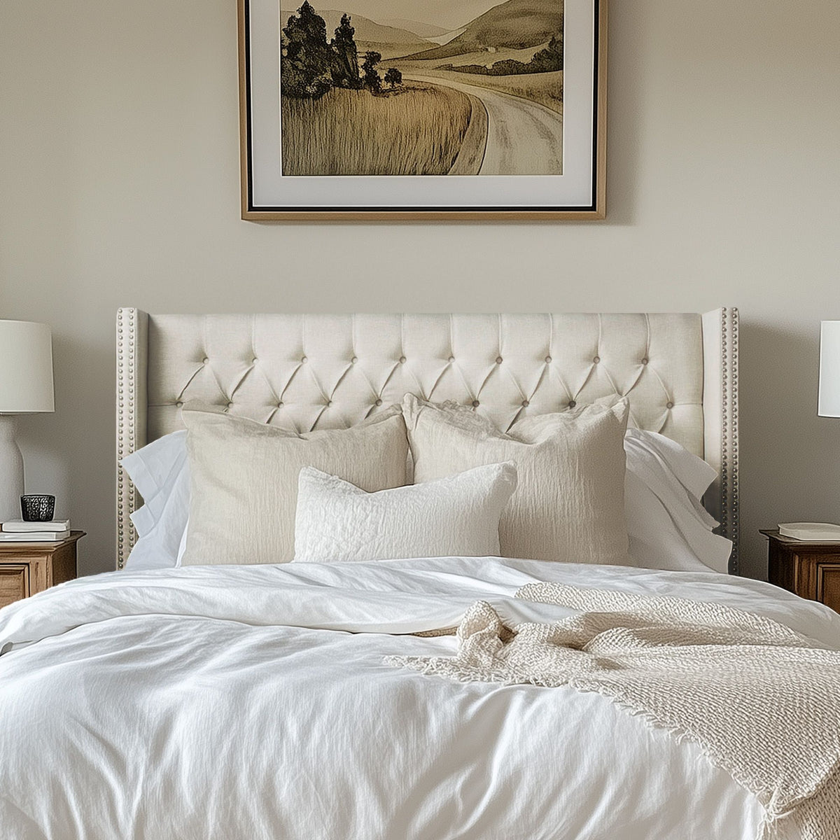 Amelia Upholstered Wingback Headboard with Button Tufting & Nailhead Trim - Cream