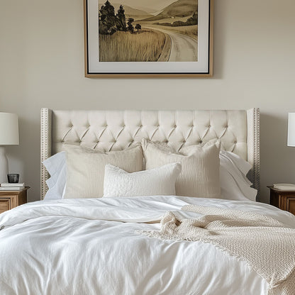 Amelia Upholstered Wingback Headboard with Button Tufting & Nailhead Trim - Cream