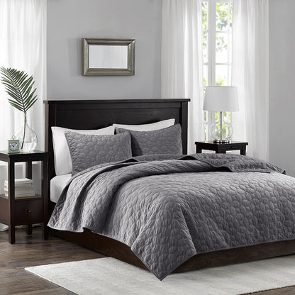 Harper 3 Piece Velvet Quilt Set - Grey