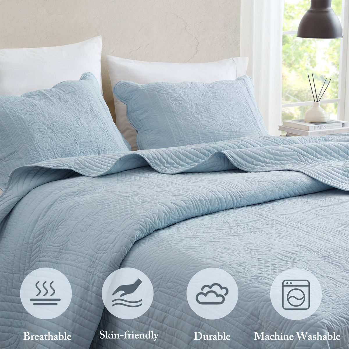 Tuscany 3 Piece Reversible Scalloped Edge Quilt Set - Blue