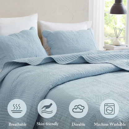 Tuscany 3 Piece Reversible Scalloped Edge Quilt Set - Blue
