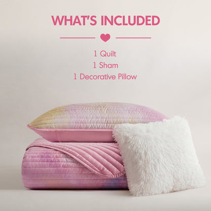 Cassiopeia Watercolor Tie Dye Printed Quilt Set with Throw Pillow - Pink
