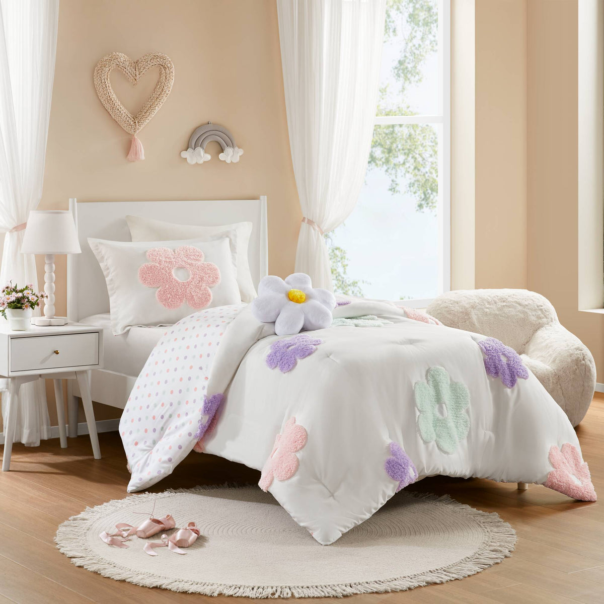 Gracie Floral Reversible Tufted Chenille Comforter Set with Flower Throw Pillow - White/Purple
