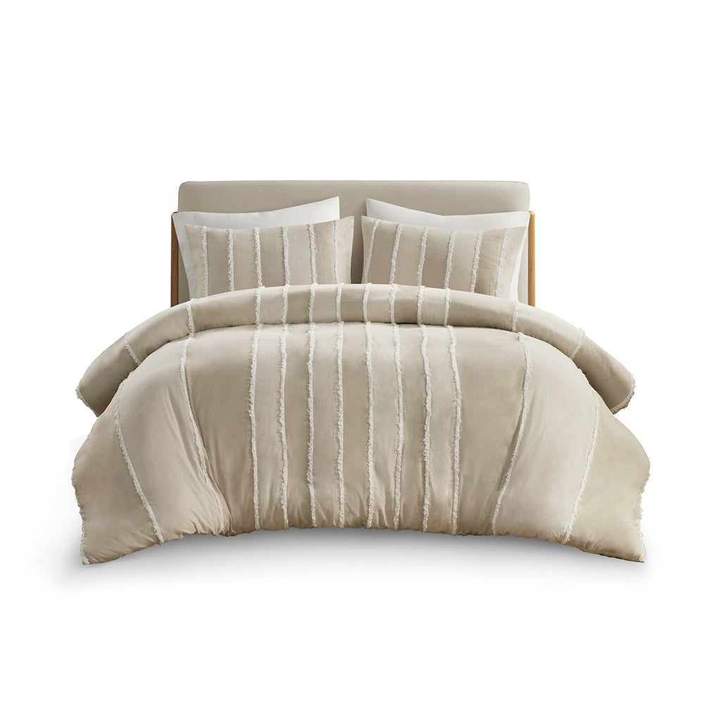Shay 3 Piece Striped Cotton Duvet Cover Set - Taupe