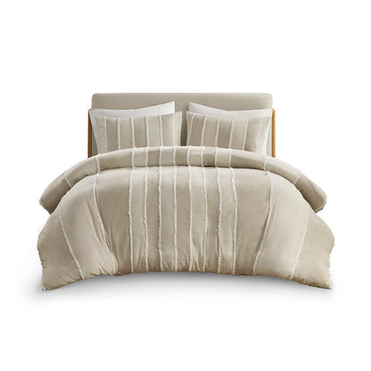 Shay 3 Piece Striped Cotton Duvet Cover Set - Taupe