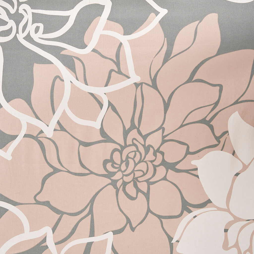 Lola 100% Cotton Floral Printed Shower Curtain - Grey/Peach