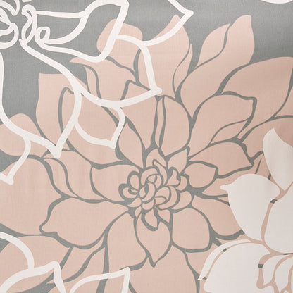 Lola 100% Cotton Floral Printed Shower Curtain - Grey/Peach