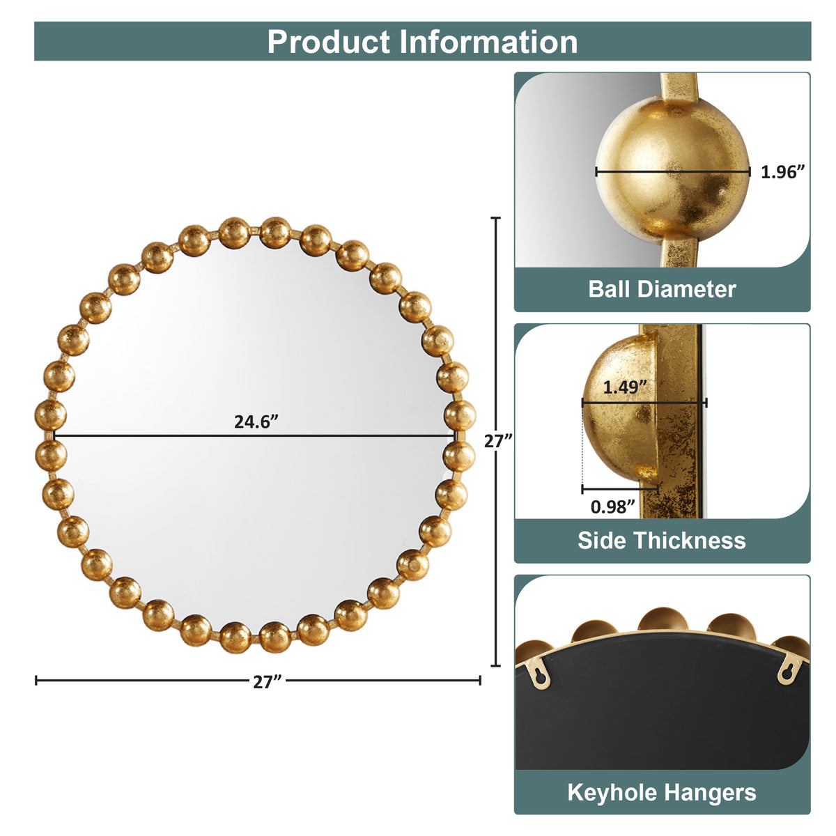 Marlowe Beaded Round Wall Mirror - Gold