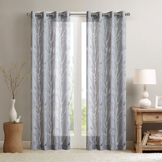 Averil Grommet Top Sheer Bird on Branches Burnout Window Curtain - Grey