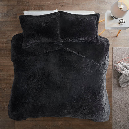 Malea Shaggy Fur Duvet Cover Set - Black