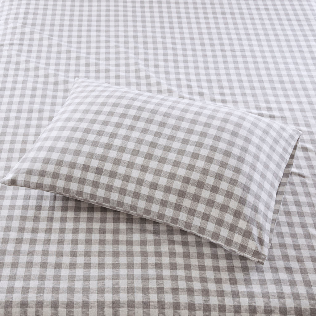 Cozy Cotton Flannel Printed Sheet Set - Gray Herringbone Check