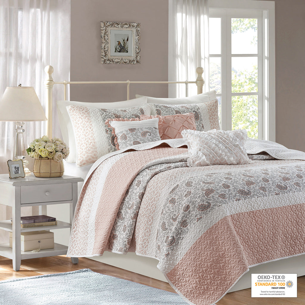 Dawn 6 Piece Cotton Percale Quilt Set with Throw Pillows - Blush