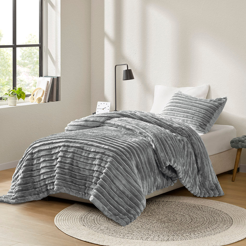 Avril Fluffy Ribbed Plush Comforter Set - Gray