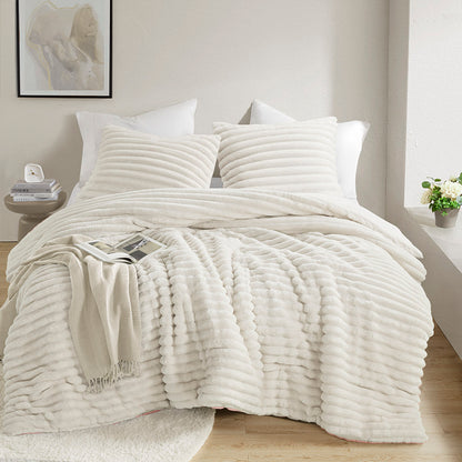 Avril Fluffy Ribbed Plush Comforter Set - Ivory