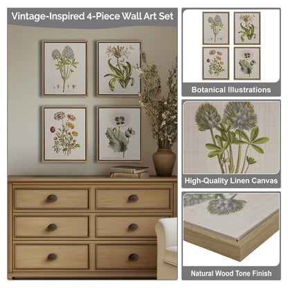 Herbal Botany 4-piece Botanical Illustration Framed Canvas Wall Art Set - Green