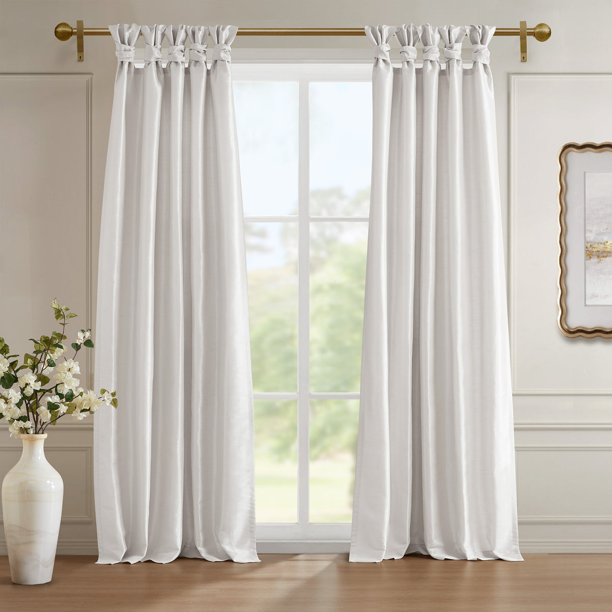 Emilia 100% Polyester Solid Faux Silk Lined Twist Tab Total Blackout Window Curtain - White