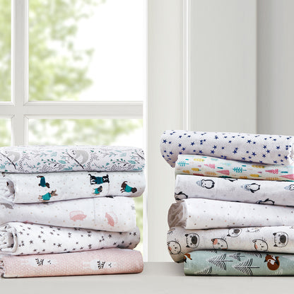 Cozy Soft Cotton Flannel Printed Sheet Set - Grey/Pink Cats
