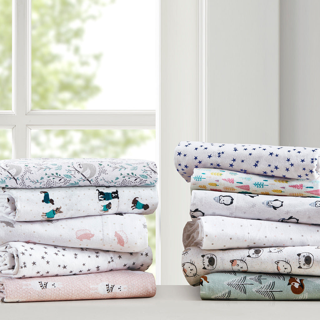 Cozy Soft Cotton Flannel Printed Sheet Set - Grey Sloths