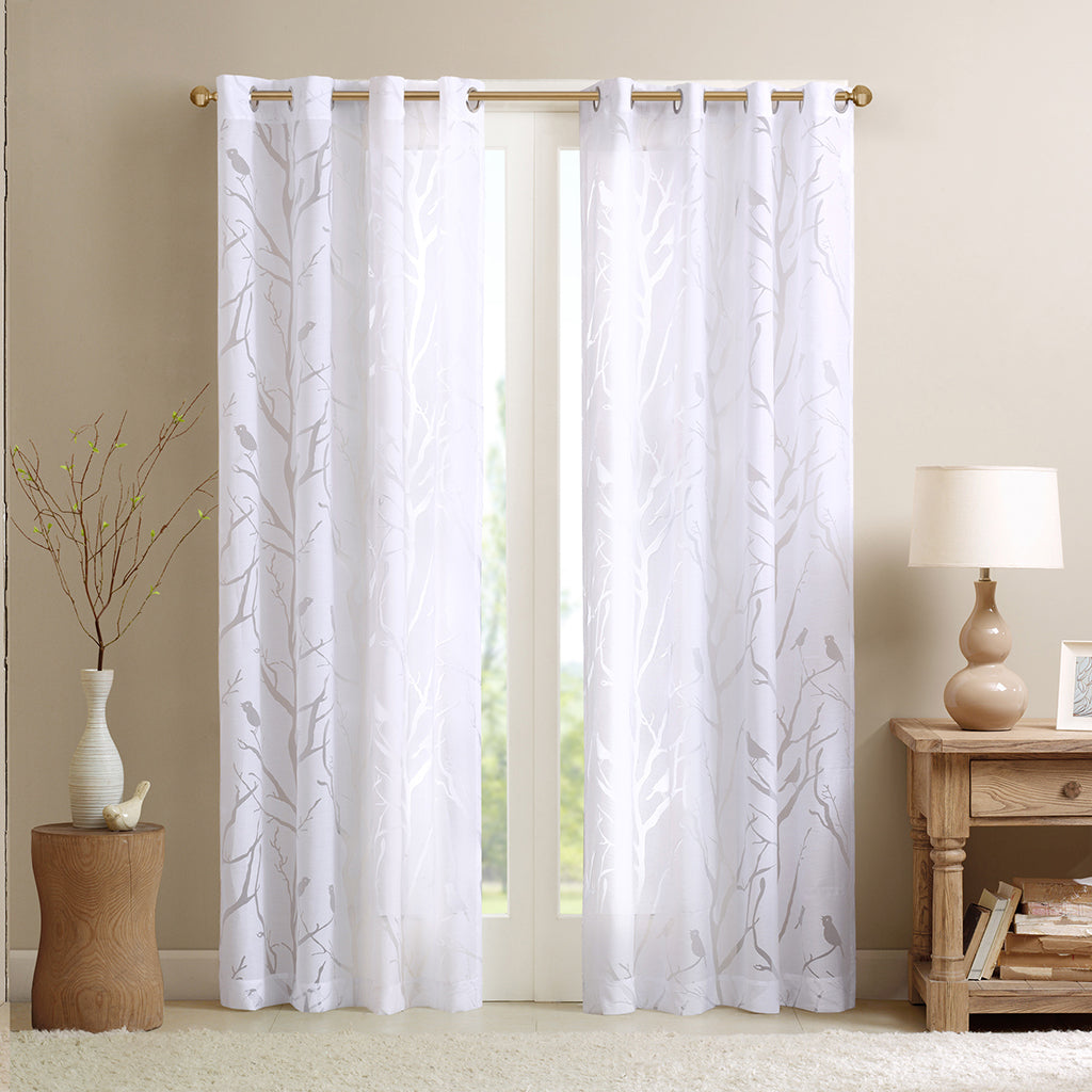 Averil Grommet Top Sheer Bird on Branches Burnout Window Curtain - White