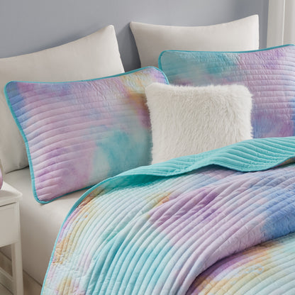Cassiopeia Watercolor Tie Dye Printed Quilt Set with Throw Pillow - Aqua