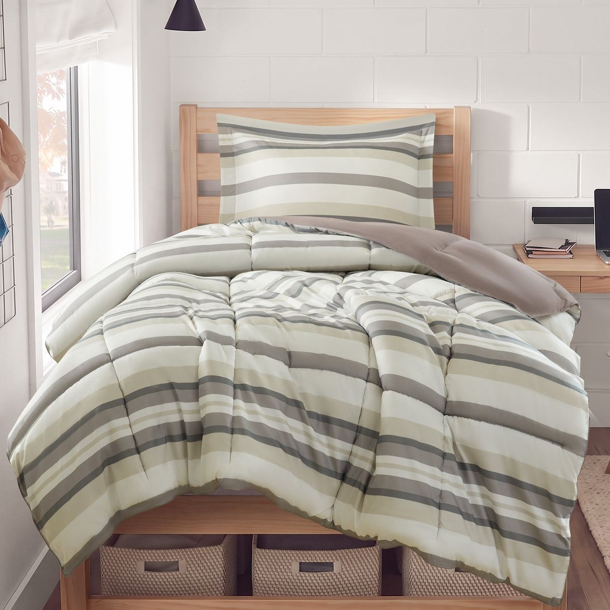 Parkston 3M Scotchgard Down Alternative All Season Comforter Set - Taupe Wesley Stripe
