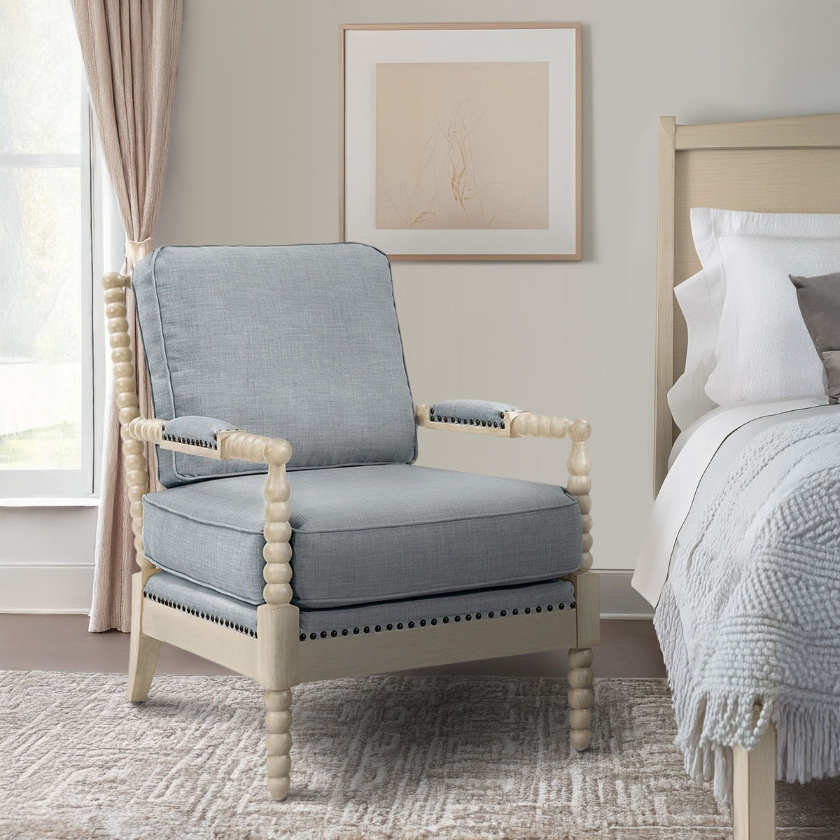 Donohue Turned Spindle Wood Accent Armchair - Light Blue/Antique Cream