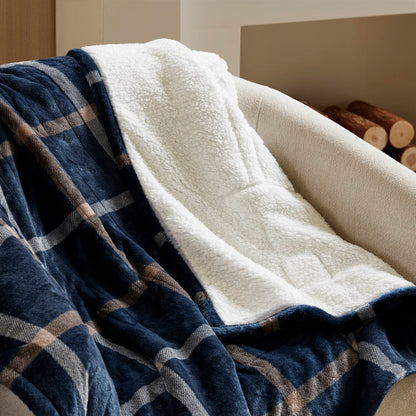 Print Plush to Sherpa Heated Throw - Navy Plaid
