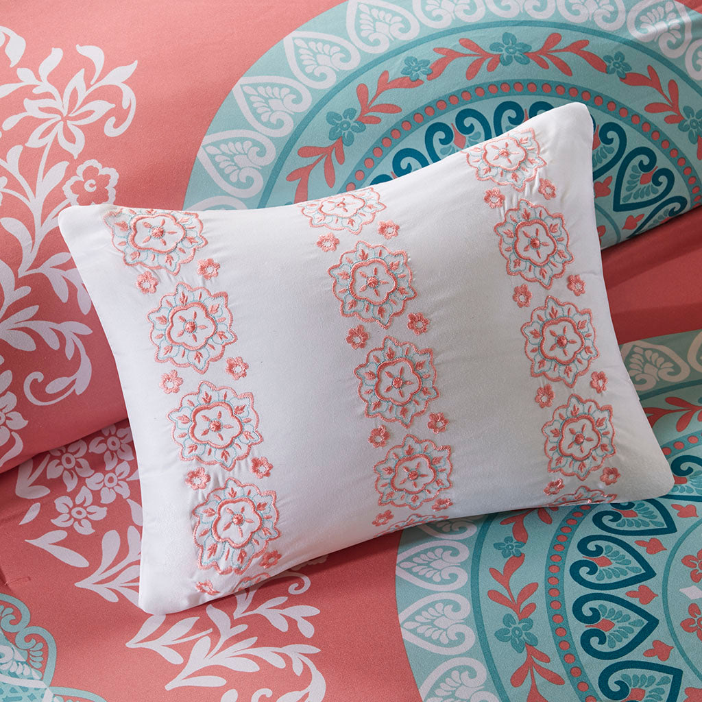 Loretta Boho Comforter Set with Bed Sheets - Coral