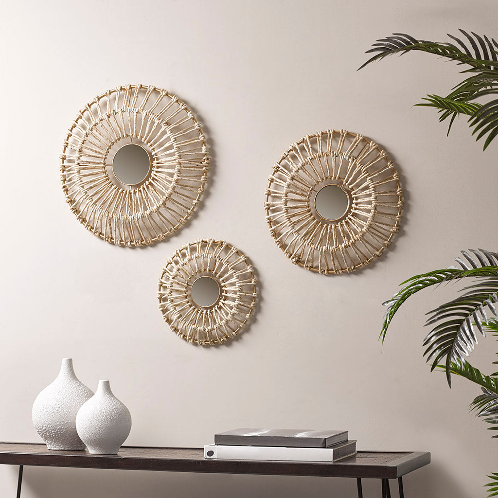 Ella Round Natural Fiber and Mirror 3-piece Wall Decor Set - Neutral