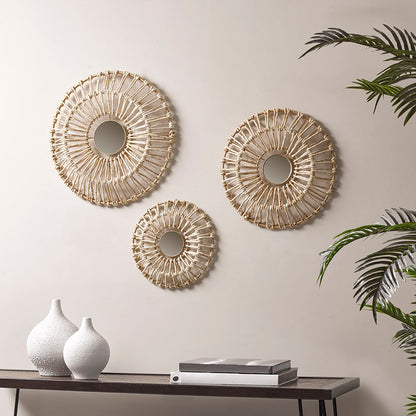 Ella Round Natural Fiber and Mirror 3-piece Wall Decor Set - Neutral