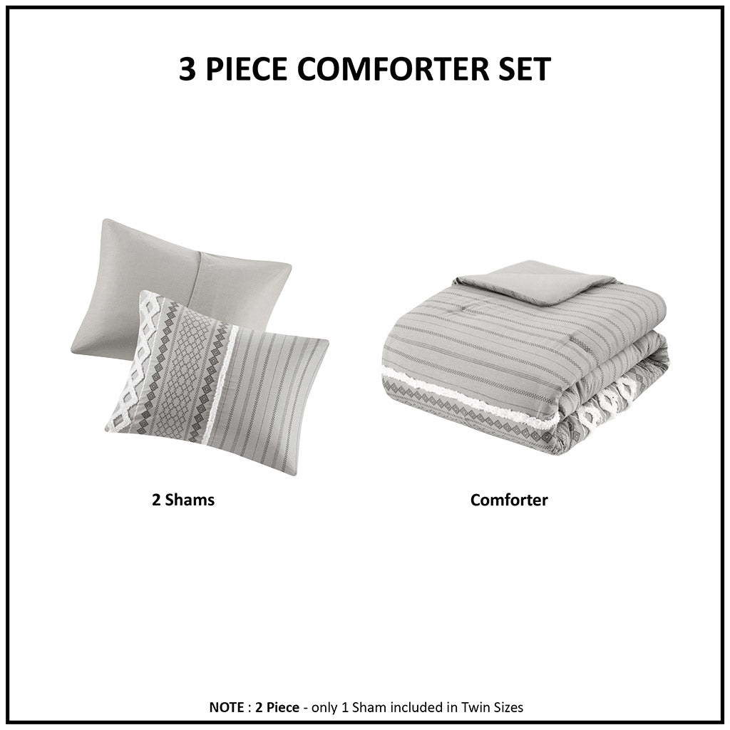 Imani Cotton Printed Comforter Set with Chenille - Ivory