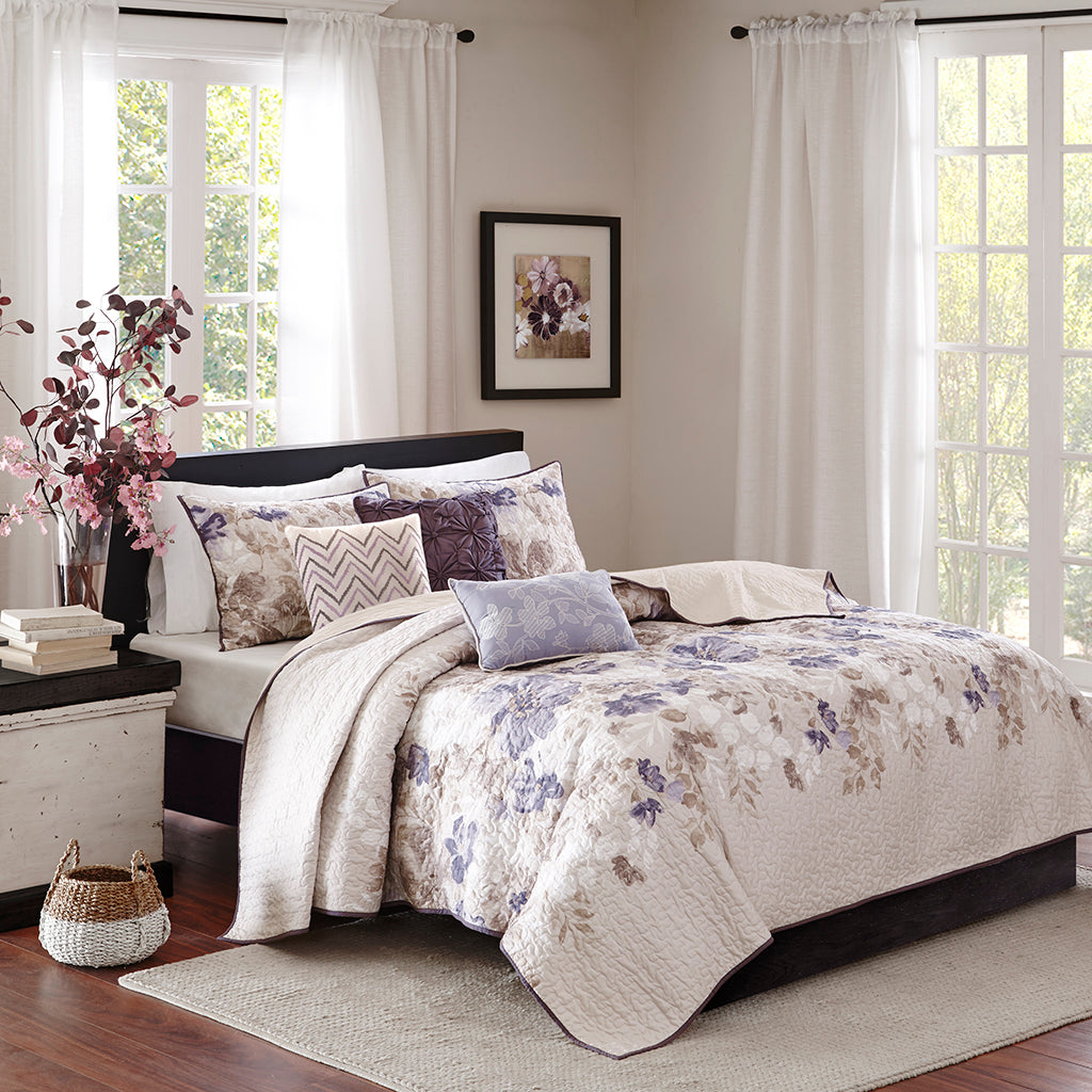 Luna 6 Piece Printed Quilt Set with Throw Pillows - Taupe