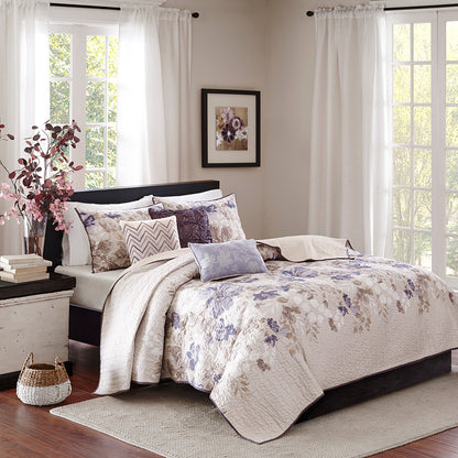 Luna 6 Piece Printed Quilt Set with Throw Pillows - Taupe