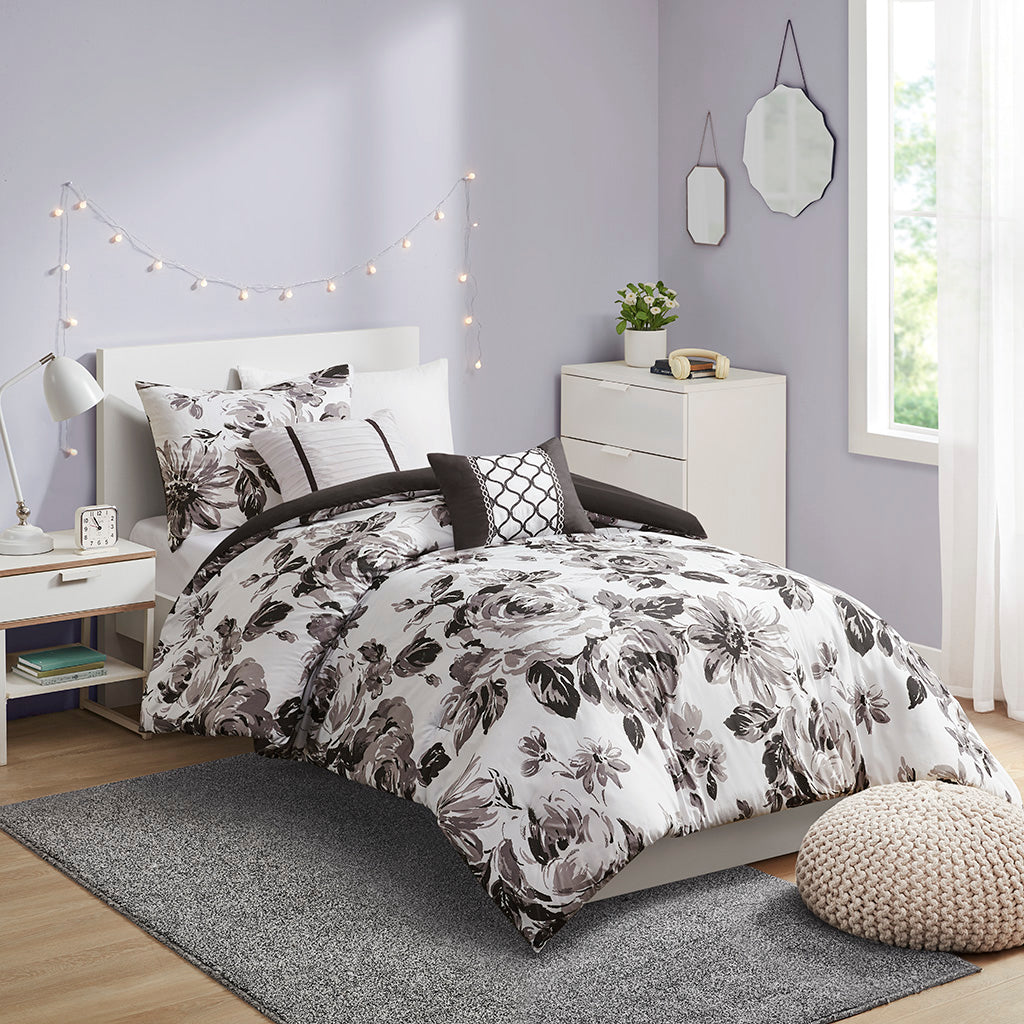 Dorsey Floral Print Comforter Set - Black/White