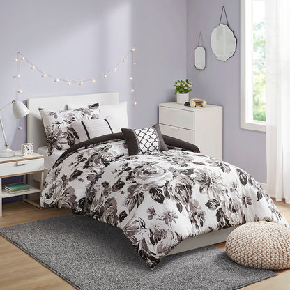 Dorsey Floral Print Comforter Set - Black/White