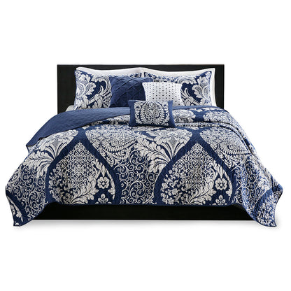 Vienna 6 Piece Printed Cotton Quilt Set with Throw Pillows - Indigo