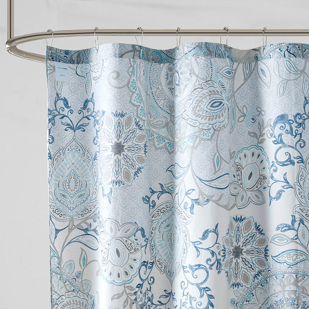 Isla Printed Cotton Shower Curtain - Blue