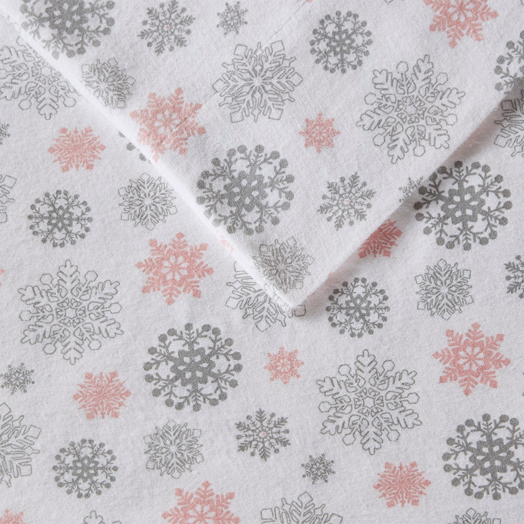 Cozy Cotton Flannel Printed Sheet Set - Pink/Grey Snowflakes