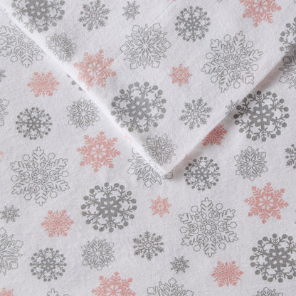 Cozy Cotton Flannel Printed Sheet Set - Pink/Grey Snowflakes