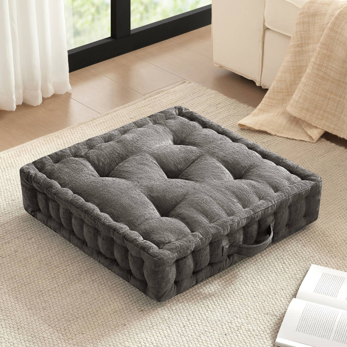 Azza Poly Chenille Square Floor Pillow Cushion - Charcoal