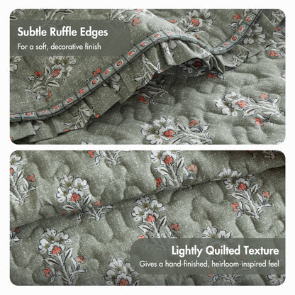 Linwood Ruffle Printed Quilt Set - Sage Green